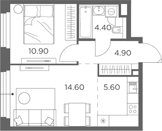 2-комн., 40.4 м², 12/20 этаж, ЖК «Белый Град»