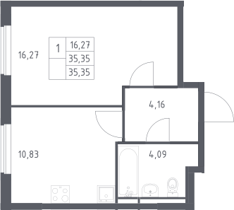 1-комн., 35.35 м², 16/17 этаж, ЖК «Мытищи Парк»