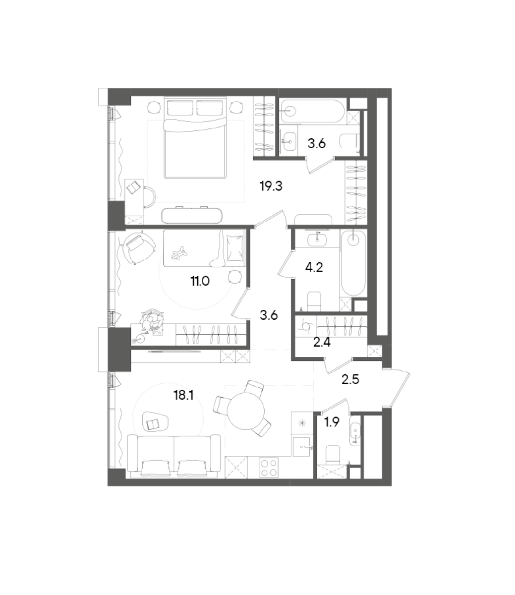 3-комн., 66.6 м², 27/45 этаж, ЖК «СТОУН Грэйн»
