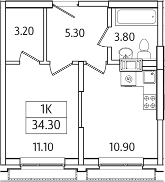 1-комн., 34.3 м², 7/21 этаж, ЖК «Видный Берег 2.0»