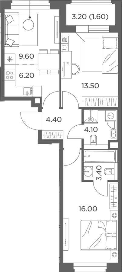 3-комн., 57.2 м², 13/20 этаж, ЖК «Белый Град»