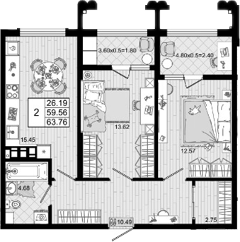 2-комн. квартира, 59.56 м² в ЖК Резиденция морей — фото 2