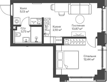 2-комн., 37.27 м², 2/15 этаж, ЖК «Сити Бэй»