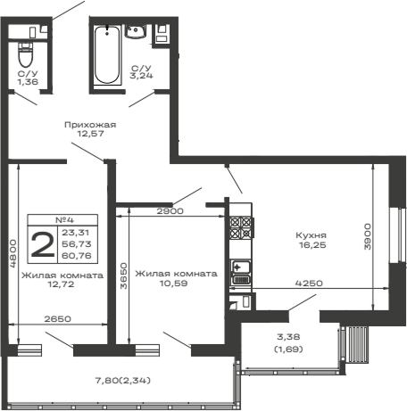 2-комн. квартира, 56.73 м² в ЖК Долина — фото 2