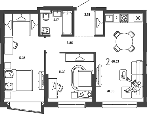 2-комн., 60.53 м², 4/19 этаж, ЖК «Страна.Парковая»