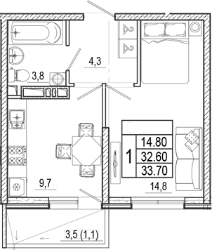 Продается 1-комн. квартира, 32.6 м²