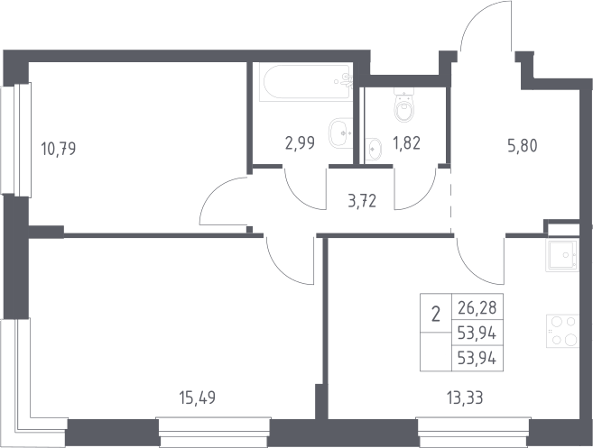2-комн., 53.94 м², 1/5 этаж, ЖК «Новое Внуково»