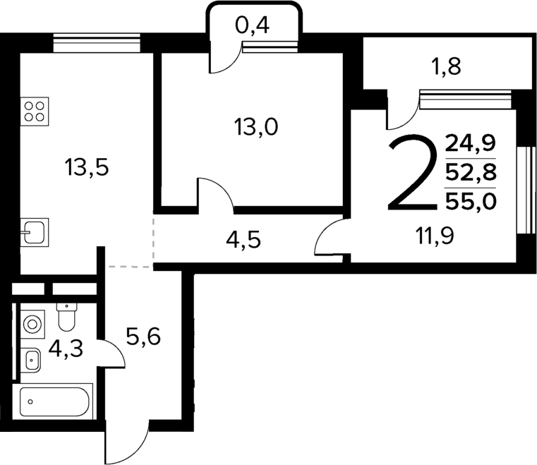 2-комн., 52.8 м², 13/14 этаж, ЖК «Новые Ватутинки Квартал у реки»