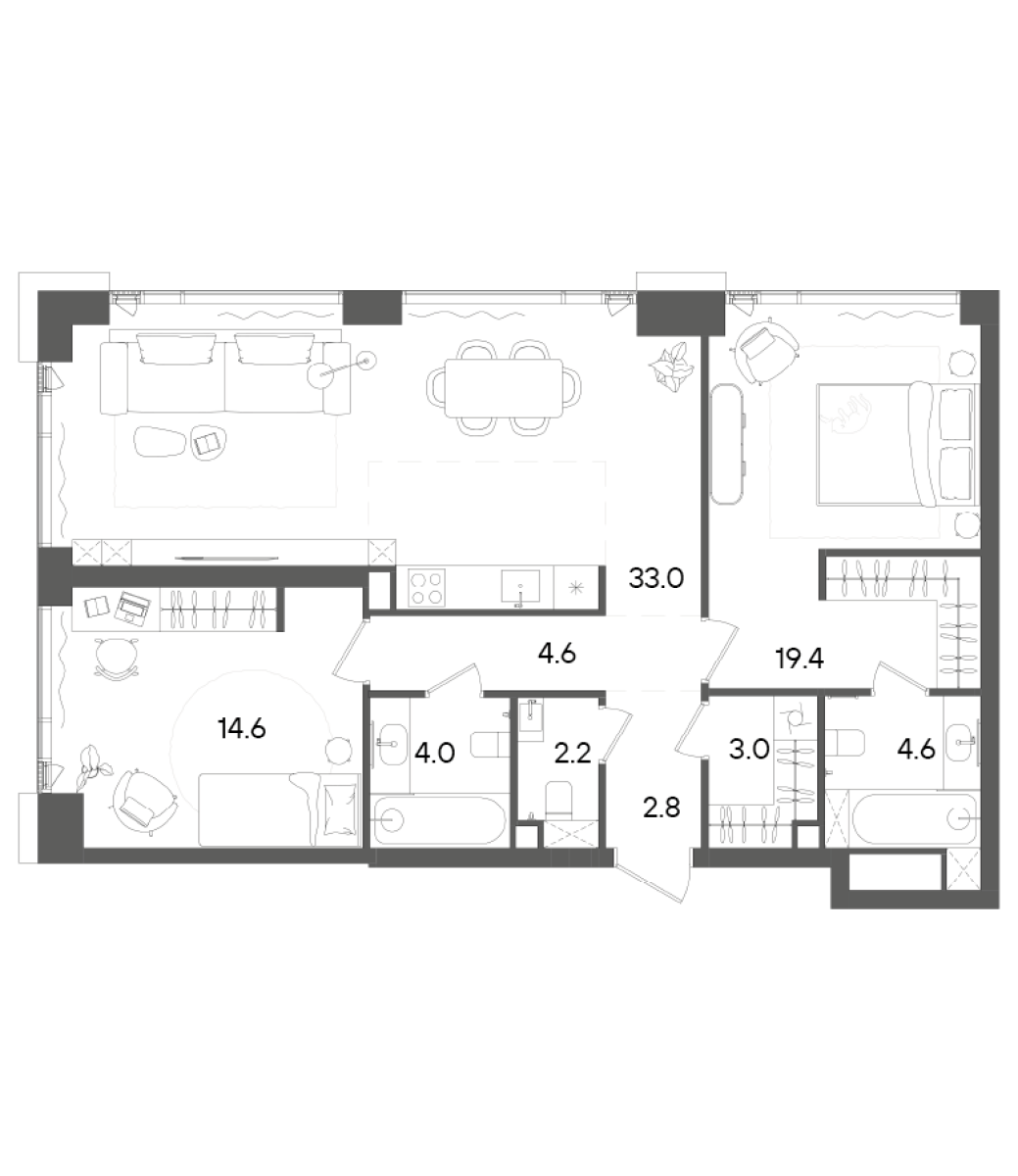 3-комн., 88.2 м², 27/45 этаж, ЖК «СТОУН Грэйн»