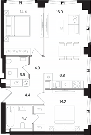 3-комн., 69.8 м², 30/42 этаж, ЖК «АУРА»