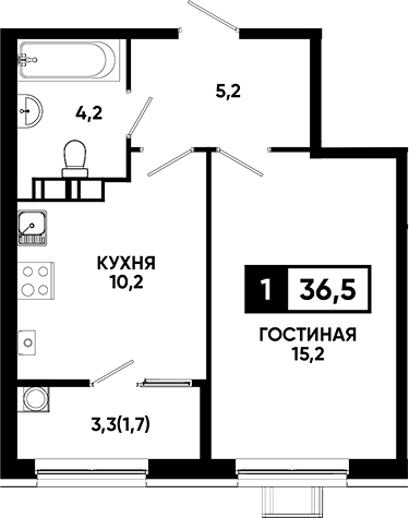 1-комн., 34.8 м², 5/14 этаж, ЖК «Квартал на курорте Моя Легенда»
