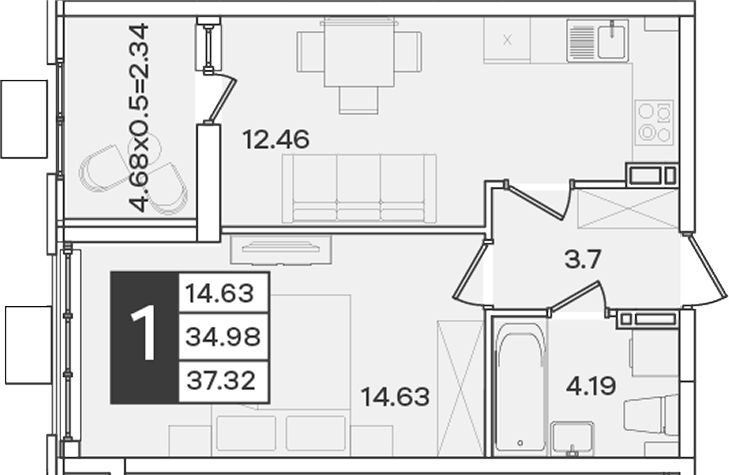 1-комн., 34.98 м², 7/18 этаж, ЖК «Сюжеты»