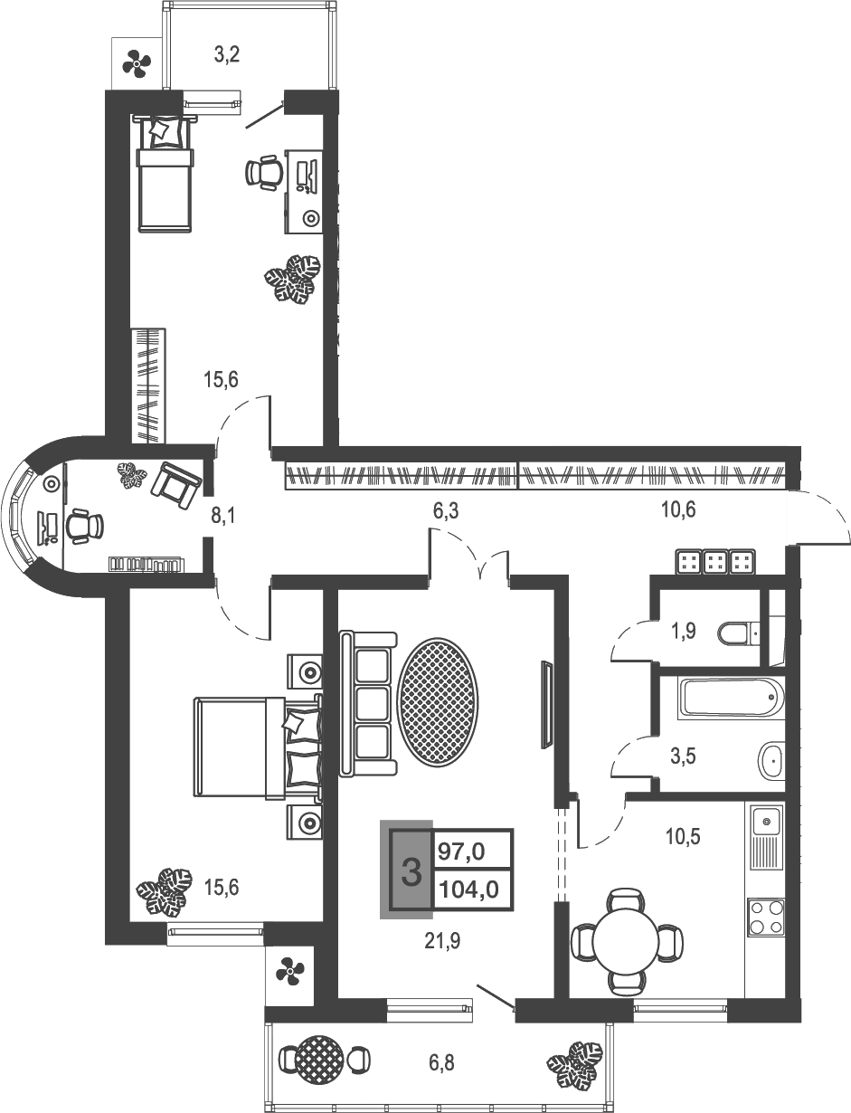 3-комн. квартира, 94 м² в ЖК Дом у озера — фото 2