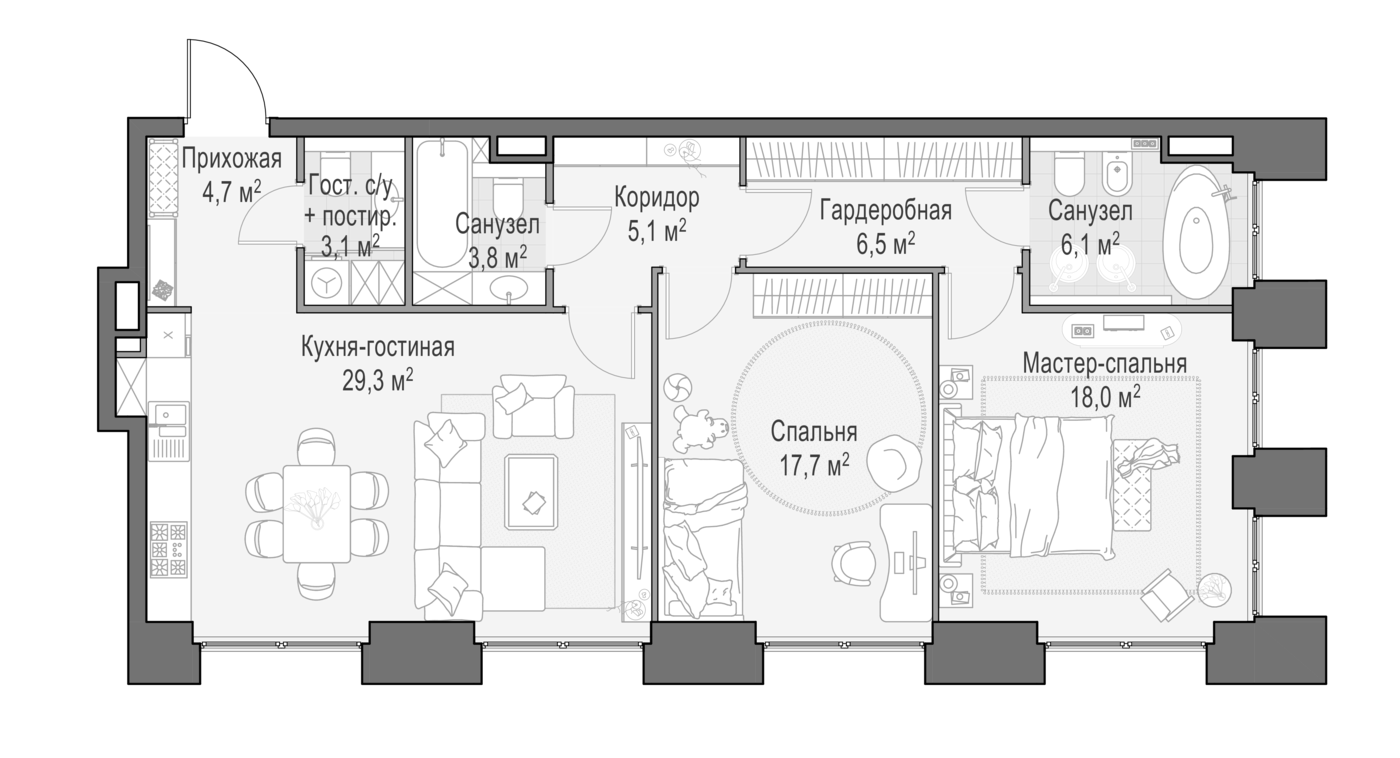3-комн., 95 м², 2/10 этаж, ЖК «Квартал Life Time»