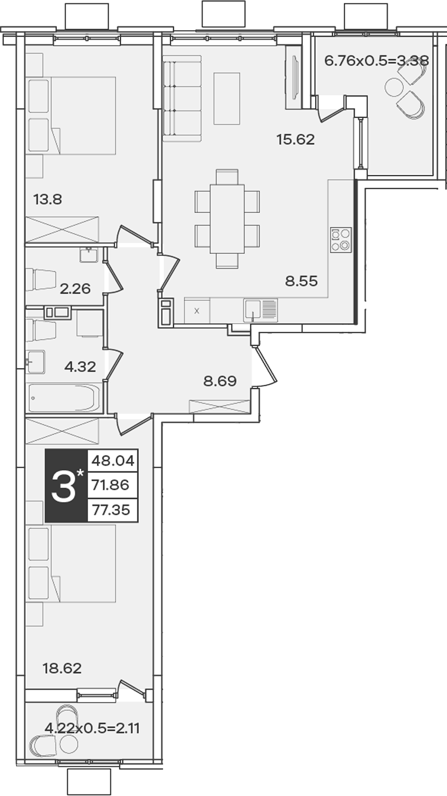 3-комн., 71.86 м², 9/9 этаж, ЖК «Сюжеты»