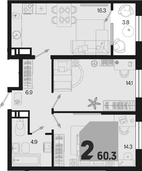 3-комн. квартира, 56.5 м² в ЖК Первое место — фото 2