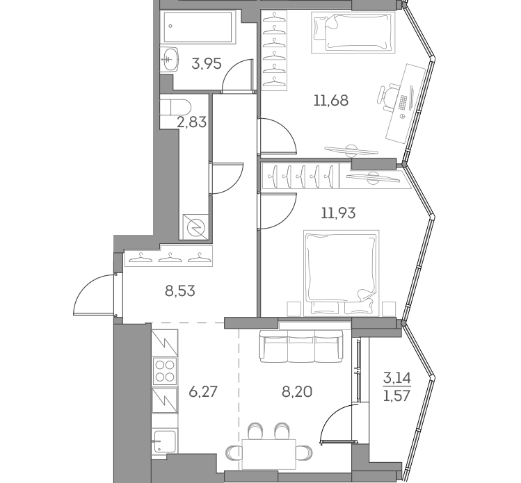 3-комн., 53.39 м², 25/28 этаж, ЖК «Аквилон БИСАЙД 2.0»
