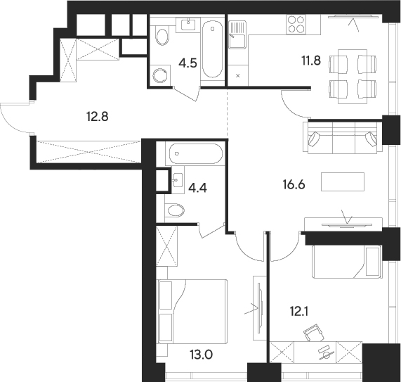 3-комн., 75.2 м², 45/55 этаж, ЖК «Инди Тауэрз от Аквилон»