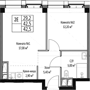 2-комн., 42.5 м², 21/27 этаж, ЖК «ЭМОУШН»