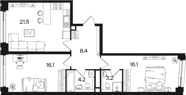 3-комн., 69.5 м², 9/13 этаж, ЖК «РАКУРС»