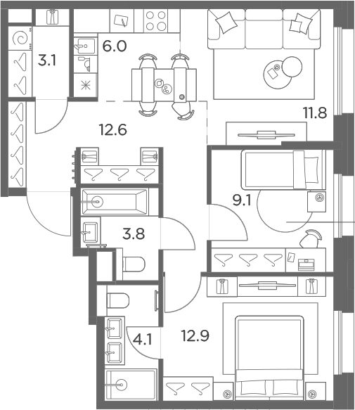 3-комн., 63.4 м², 5/6 этаж, ЖК «Станиславский»