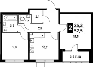 2-комн., 51.8 м², 17/23 этаж, ЖК «Южная Битца»