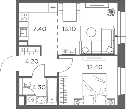 2-комн., 41.4 м², 21/23 этаж, ЖК «Белый Град»