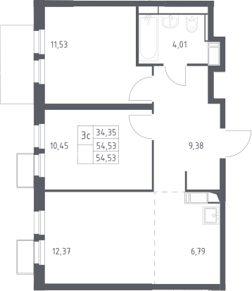 3-комн., 54.53 м², 6/25 этаж, ЖК «Большое Путилково»