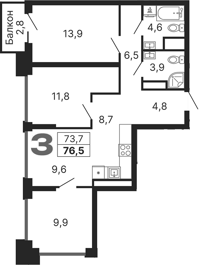 3-комн., 73.7 м², 14/29 этаж, ЖК «Бестселлер»