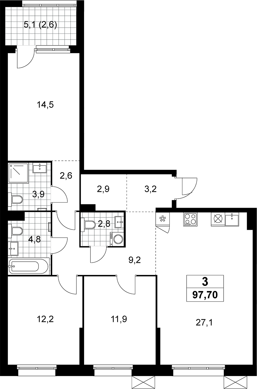 3-комн., 95.1 м², 7/12 этаж, ЖК «Дзен-кварталы»