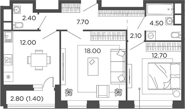 2-комн., 59.4 м², 16/22 этаж, ЖК «Филатов Луг»
