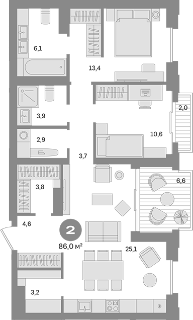 2-комн., 77.3 м², 17/25 этаж, ЖК «Квартал МОНС»