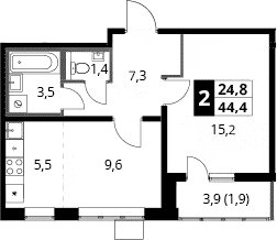 2-комн., 42.5 м², 11/24 этаж, ЖК «1-й Южный»
