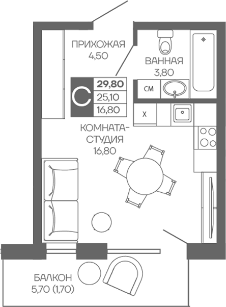 Студия квартира, 25.1 м² в ЖК Иначе в Молодежном — фото 2