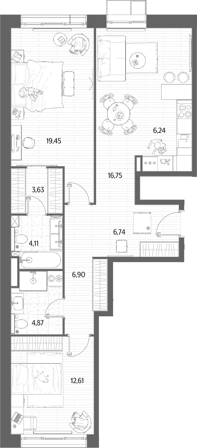 3-комн., 81.3 м², 2/12 этаж, ЖК «МЫС»