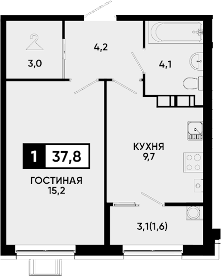 1-комн., 36.2 м², 8/9 этаж, ЖК «Квартал на курорте Моя Легенда»