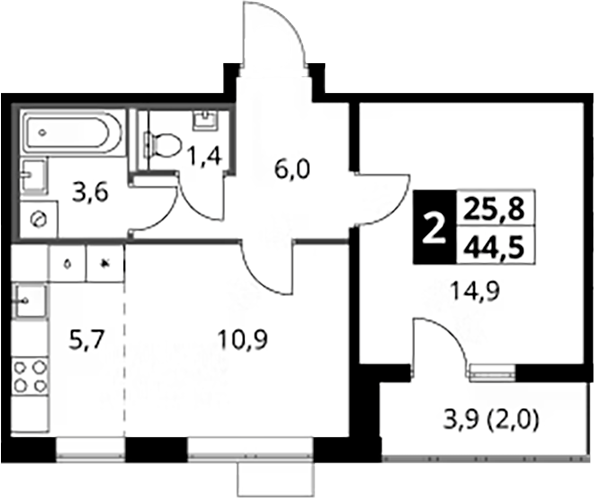 2-комн., 42.5 м², 23/24 этаж, ЖК «1-й Южный»