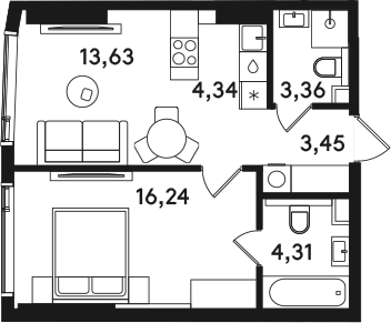 2-комн., 45.33 м², 8/41 этаж, ЖК «СОЛОС»