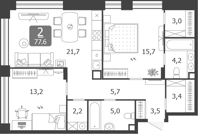3-комн., 77.6 м², 12/14 этаж, ЖК «Шагал»