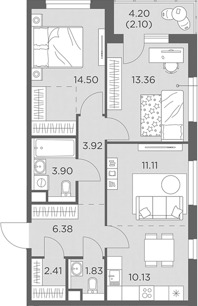 3-комн., 67.54 м², 14/23 этаж, ЖК «Одинград, квартал Семейный»