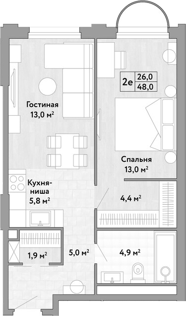 2-комн., 48 м², 3/17 этаж, ЖК «Новые Смыслы»