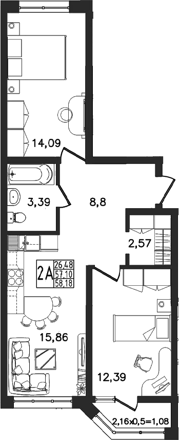 3-комн. квартира, 57.1 м² в ЖК Яблоневый — фото 2