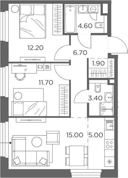 3-комн., 60.5 м², 19/20 этаж, ЖК «Белый Град»