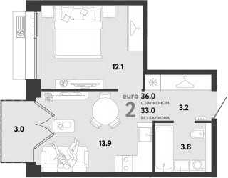 2-комн., 33 м², 3/12 этаж, ЖК «Страна.Заречная»