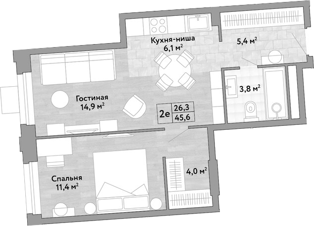 2-комн., 45.6 м², 30/30 этаж, ЖК «Новые Смыслы»