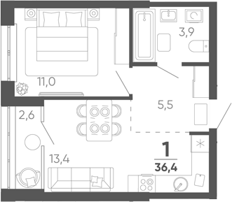 1-комн. квартира, 33.8 м² в ЖК Барса — фото 2