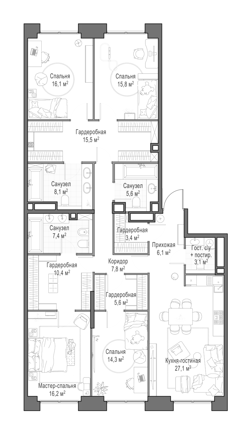 4+ комнаты, 163.6 м², 14/23 этаж, ЖК «Квартал Life Time»