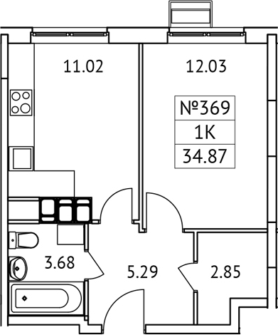 1-комн., 34.87 м², 14/17 этаж, ЖК «Новотомилино»