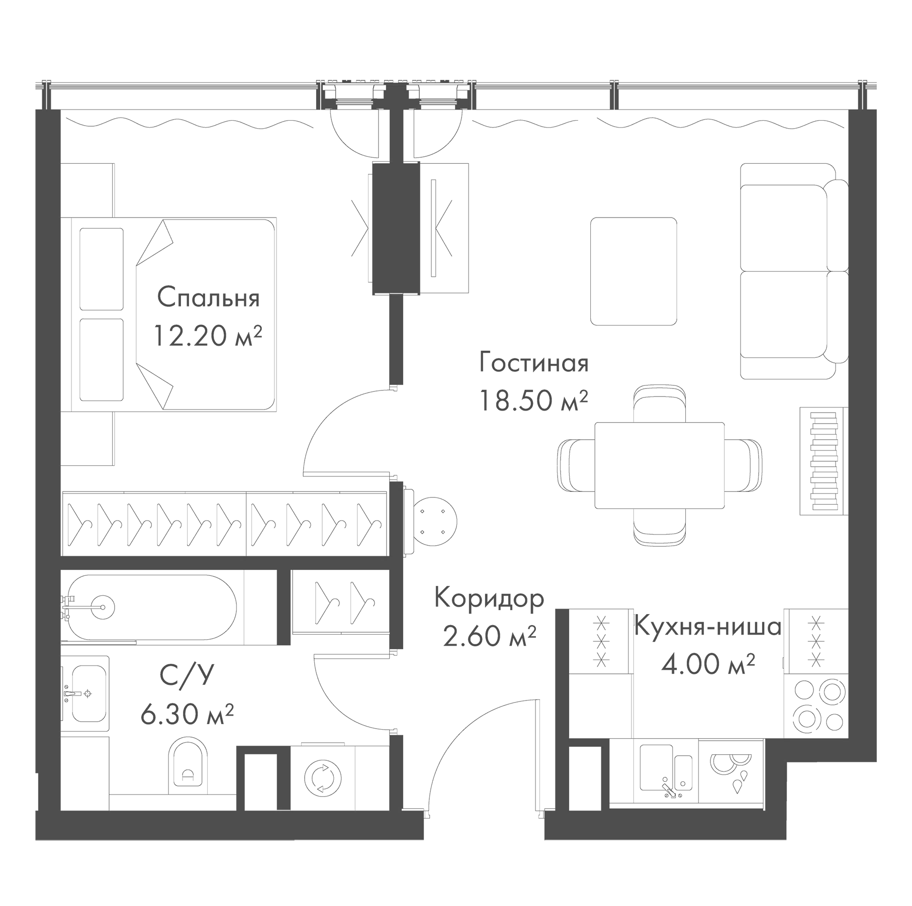 2-комн., 43.6 м², 24/36 этаж, ЖК «Слава»