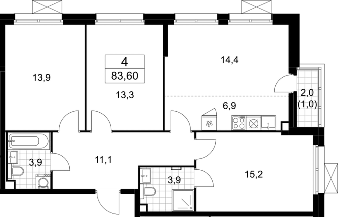 3-комн., 82.6 м², 2/9 этаж, ЖК «Скандинавия»
